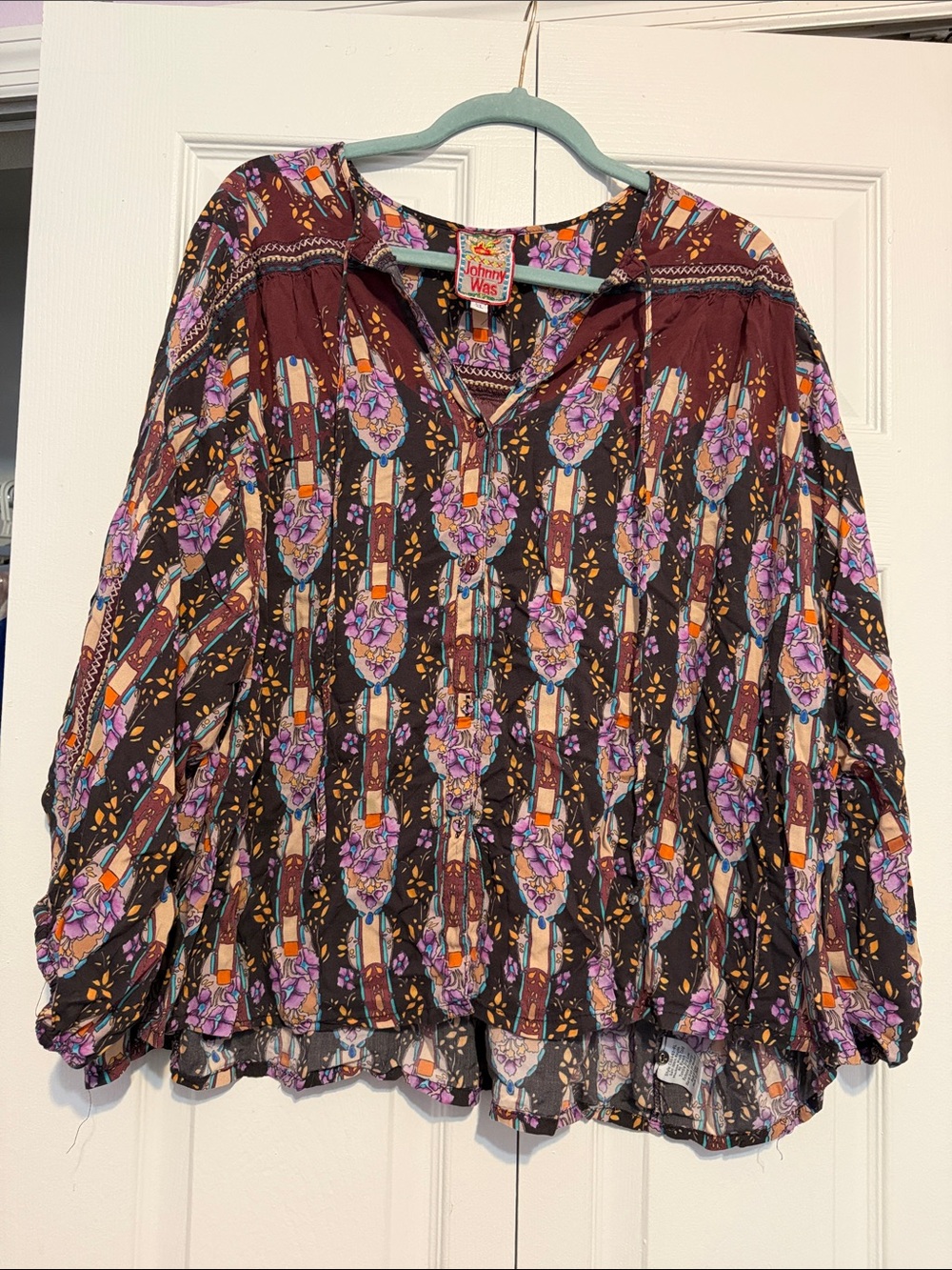 Johnny Was Burgundy Floral Boho Tunic with Purple & Cream Accents